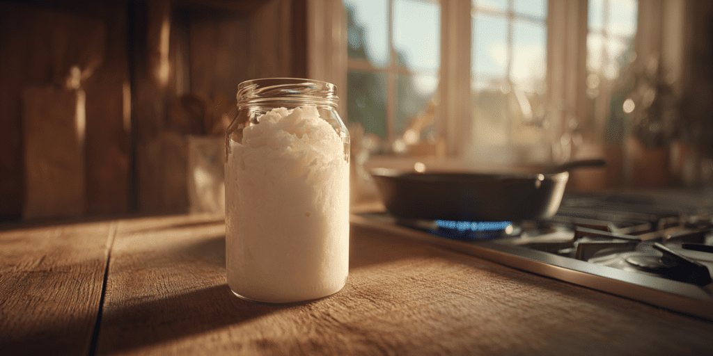 Jar of rendered beef tallow on rustic wooden kitchen counter, warm golden hour sunlight, cast iron skillet on stove in background, ancestral cooking fat, real food textures, earthy tones, photorealistic