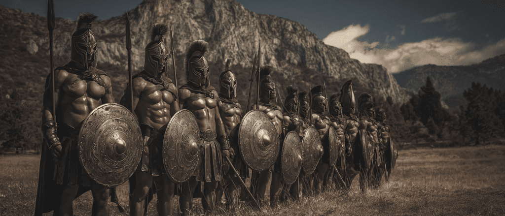 Spartan warriors with their spears and shields preparing for battle.