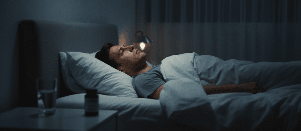 Man lying awake in bed at night unable to sleep, illustrating restlessness, poor recovery, and the need for better sleep support